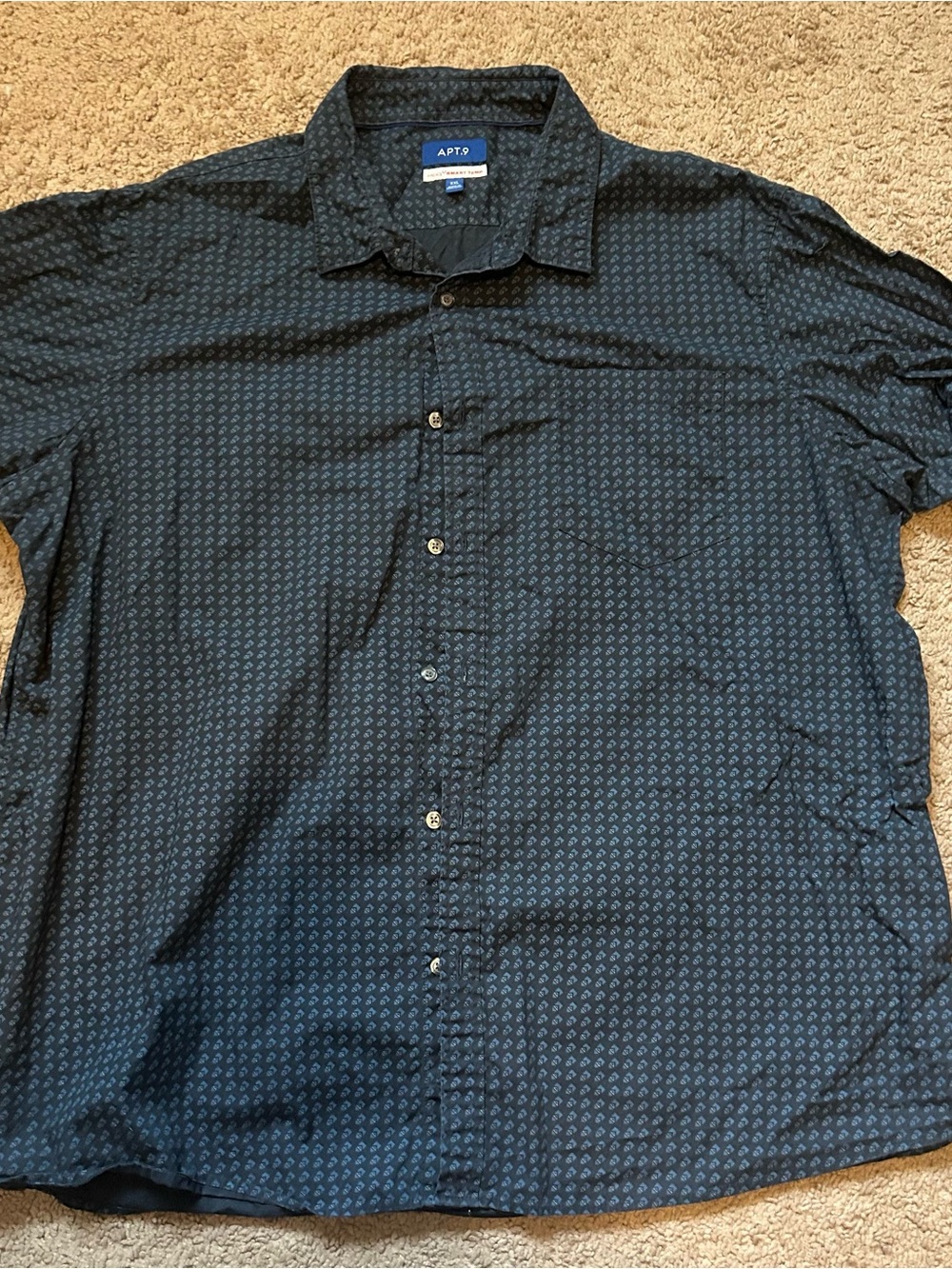 APT. 9 Men's Navy Patterned Button-Up Shirt Short Sleeves HEIQ Smart Temp XL